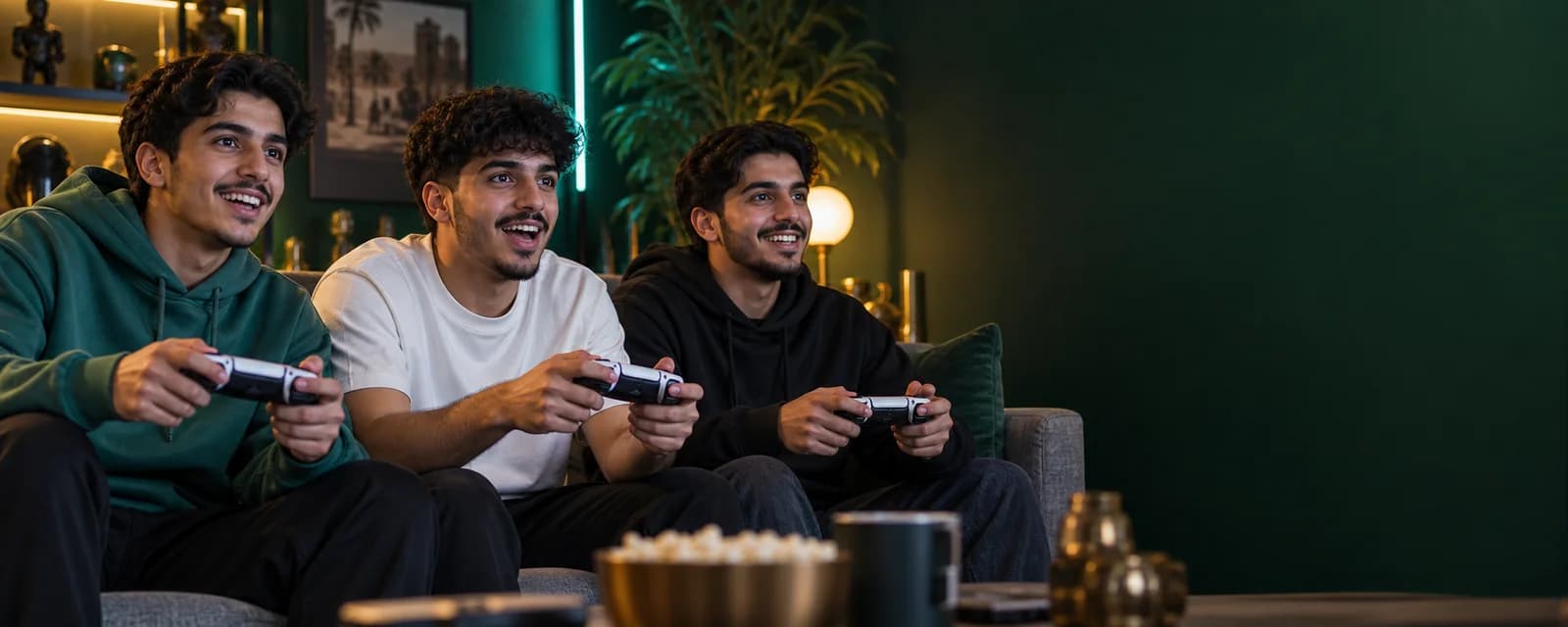 شباب يلعبون ألعاب الفيديو معًا بحماس في غرفة ألعاب